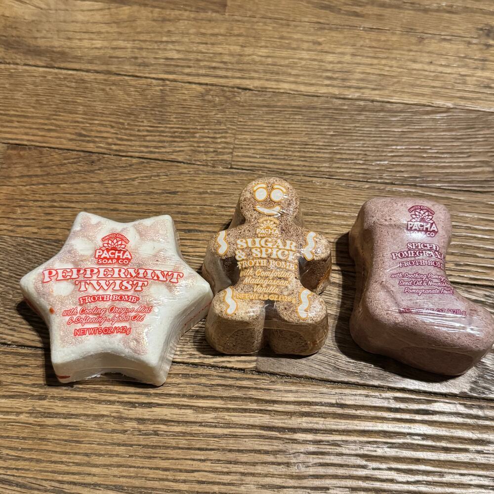 3 Pacha Frothy Bath Bombs‎ Pepermint Twist, Sugar & Spice And Spiced Pomegranate